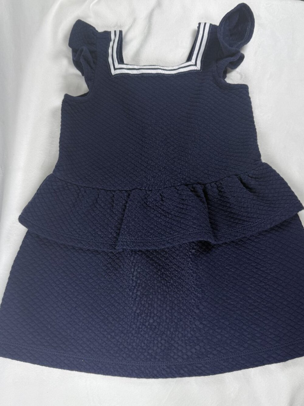 Janie & Jack Toddler Girl Navy Textured Dress 2T Ruffle Bow Cotton Blend